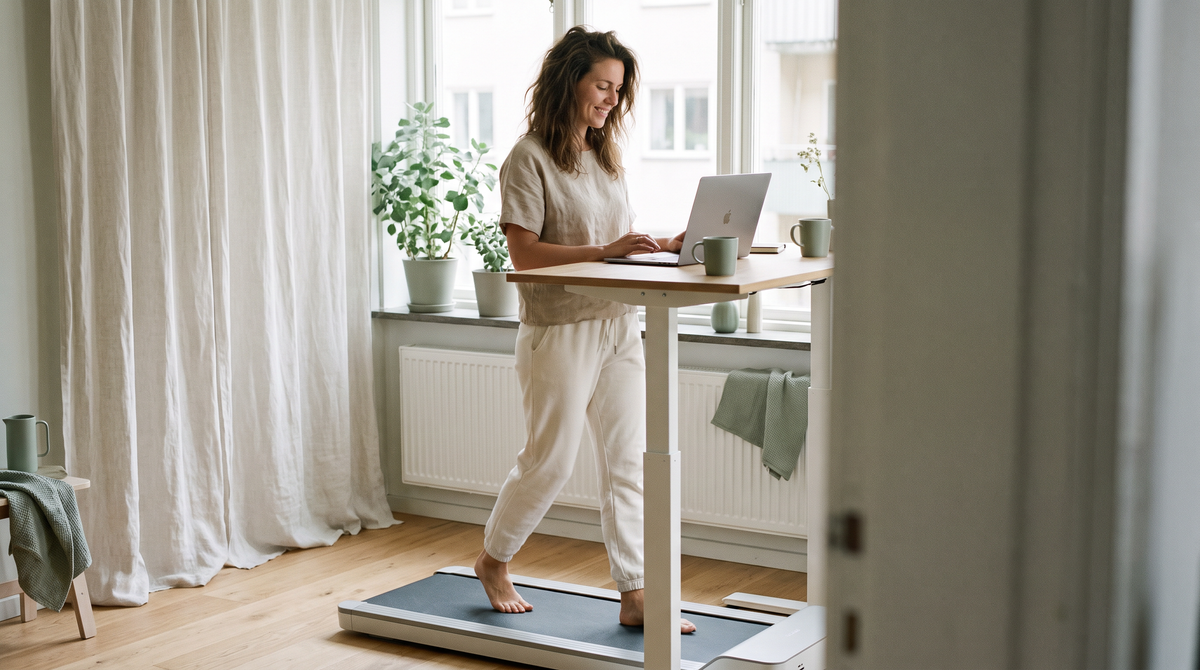 Frau geht auf einem Walking-Pad unter dem Stehschreibtisch