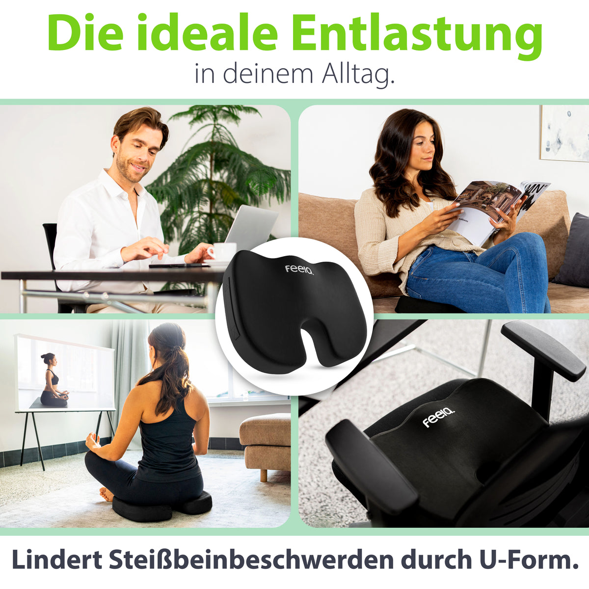 Orthopädisches Sitzkissen feela.® auf Bürostuhl – ergonomisches Sitzen