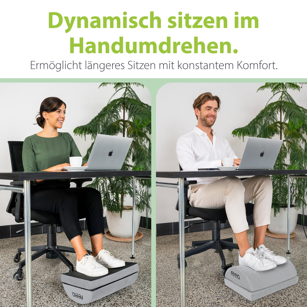 Ergonomische Fußstütze mit Wärmetasche, graues Trittpolster unter stehenden Schuhen