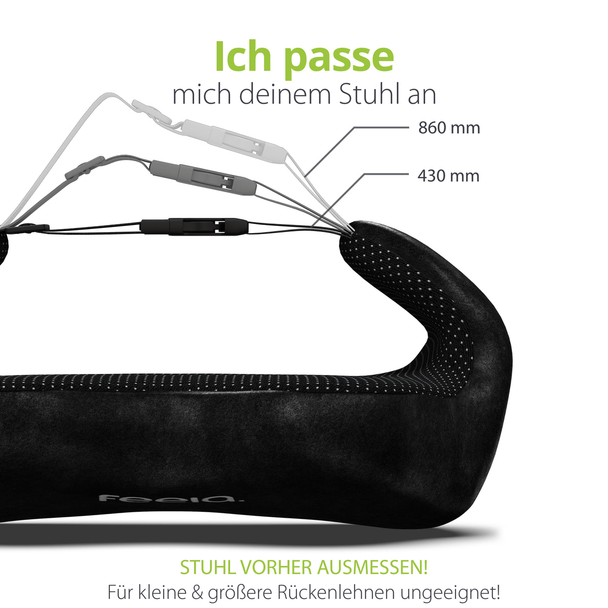 feela. Rückenkissen Schwarz: Verstellbare Gurte für ergonomische Rückenentlastung & mehr Sitzkomfort an jedem Bürostuhl.