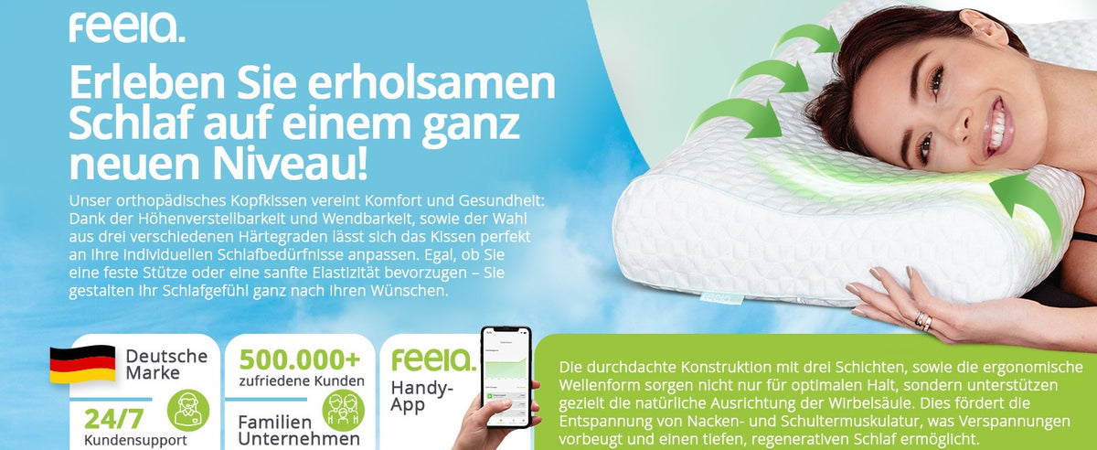Orthopädisches Kopfkissen von feelia – ergonomisches Kissen für erholsamen Schlaf, höhenverstellbar und wendbar, mit 3 Härtegraden, deutscher Marke, App & eBook, 24/7 Kundenservice und über 500.000 zufriedenen Kunden.