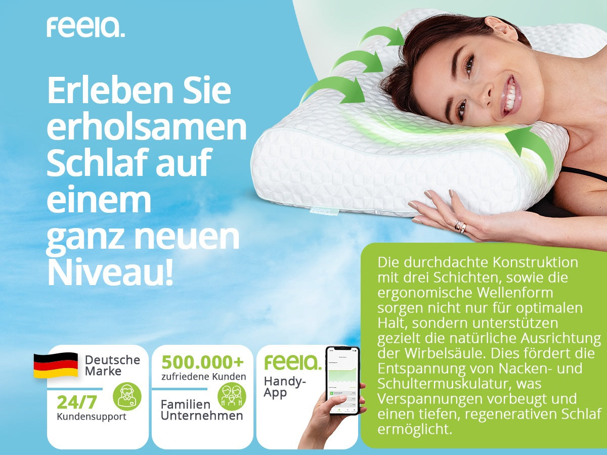 Orthopädisches Kopfkissen von feelia – ergonomisches Kissen für erholsamen Schlaf, höhenverstellbar und wendbar, mit 3 Härtegraden, deutscher Marke, App & eBook, 24/7 Kundenservice und über 500.000 zufriedenen Kunden.