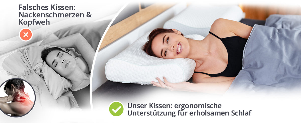 Vergleich: falsches Kissen mit Nackenschmerzen und das orthopädische Kopfkissen von feela. mit ergonomischer Unterstützung