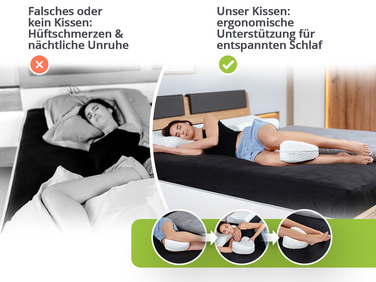 Vergleich: Schlafen ohne Kniekissen mit Hüftschmerzen und mit dem feela. Kniekissen entspannt
