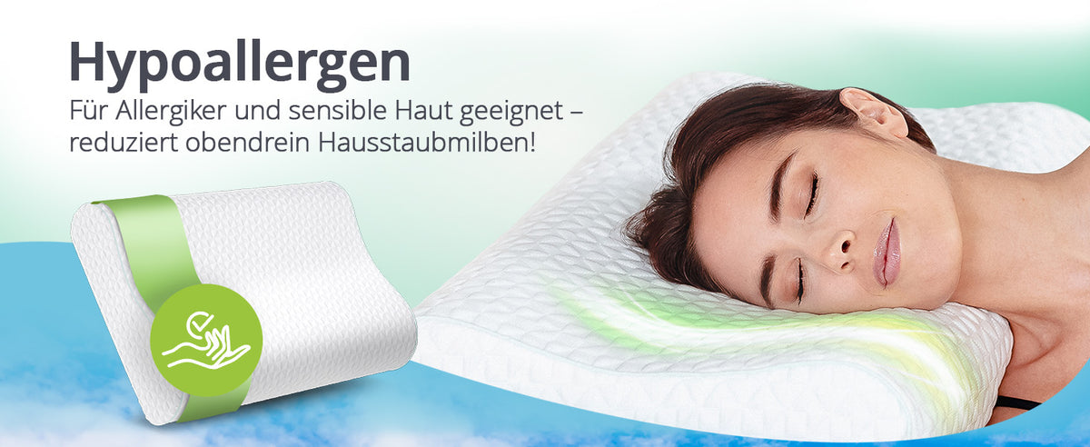 Frau schläft auf dem orthopädischen Kopfkissen von feela. – hypoallergen, für Allergiker und empfindliche Haut