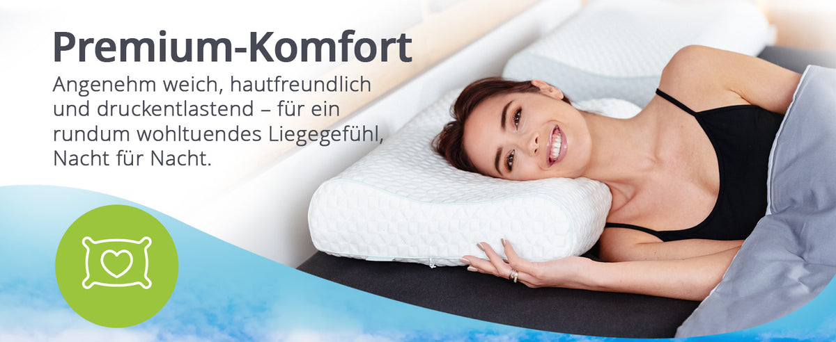 Frau liegt auf dem orthopädischen Kopfkissen von feela. – angenehm weich und druckentlastend