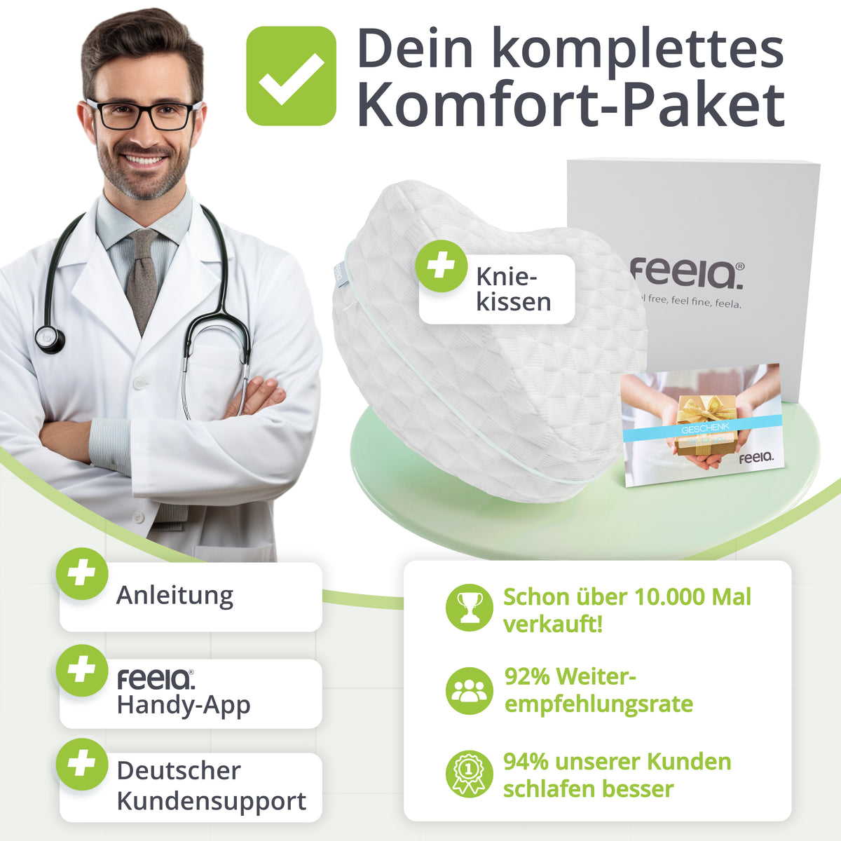 Weißes Kniekissen als Teil eines Komfort-Pakets mit feela®-Box und Hinweis-Karten