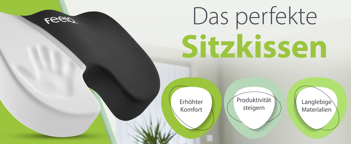 Werbung für das perfekte Sitzkissen von feela. Das Bild zeigt ein schwarzes orthopädisches Sitzkissen mit den Vorteilen erhöhter Komfort, Steigerung der Produktivität und langlebige Materialien auf grünem Hintergrund.