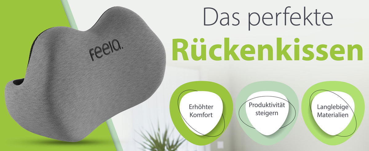 Rückenkissen in Dunkelgrau mit eingraviertem 'feela' Logo, ergonomisches Design für besseren Sitzkomfort.