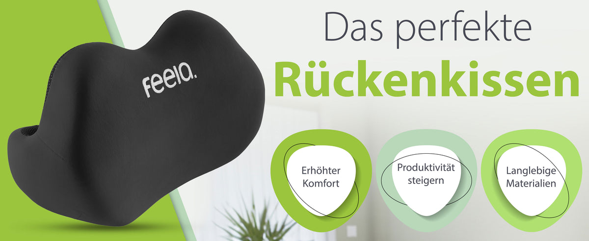 Ergonomisches Rückenkissen in Schwarz, markiert mit dem 'feela' Logo, für Unterstützung und Komfort.
