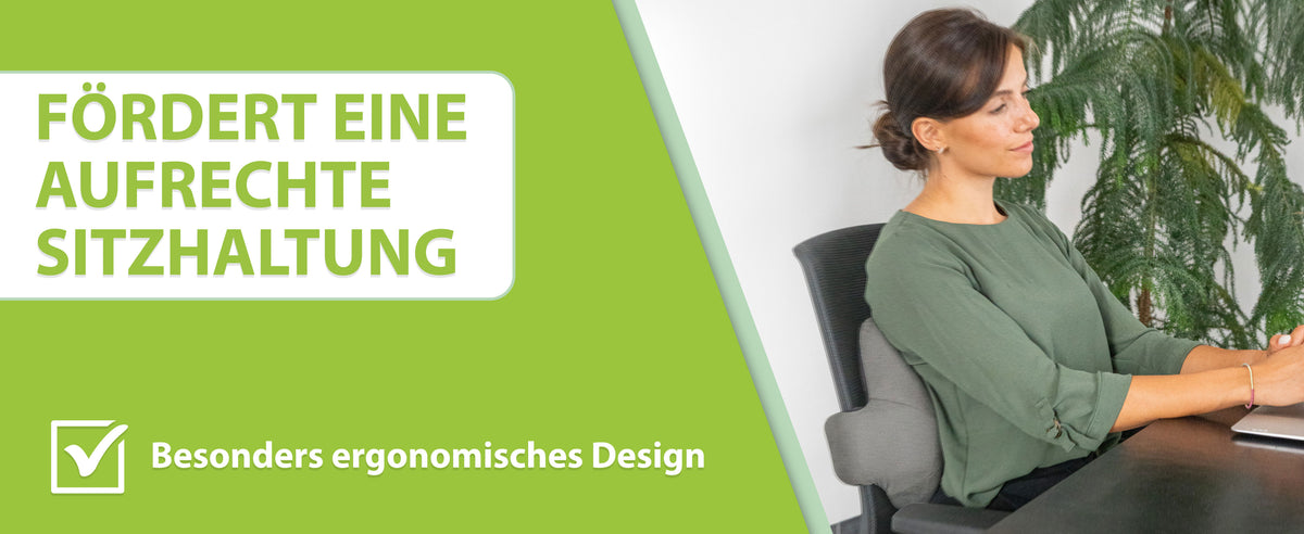 Dunkelgraues Rückenkissen von 'feela', fördert eine ergonomische Sitzhaltung und unterstützt den Rücken.