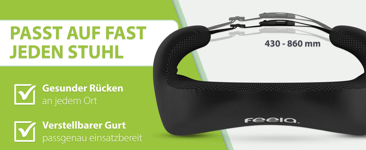 Das feela Rückenkissen in Schwarz, das auf fast jeden Stuhl passt. Gesunder Rücken an jedem Ort, verstellbarer Gurt passgenau einsatzbereit, Maße 430 - 860 mm.