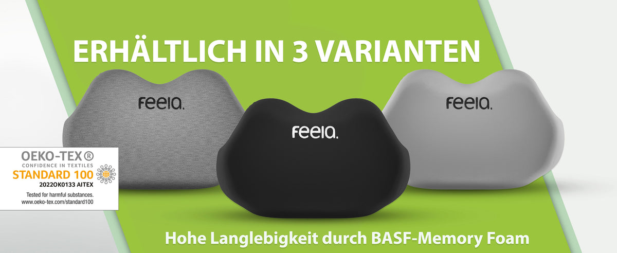 Erhältlich in 3 Varianten: feela Rückenkissen in Silber, Schwarz, und Dunkelgrau auf grünem Hintergrund mit ÖKO-TEX Siegel und Text 'Hohe Langlebigkeit durch BASF-Memory Foam'.