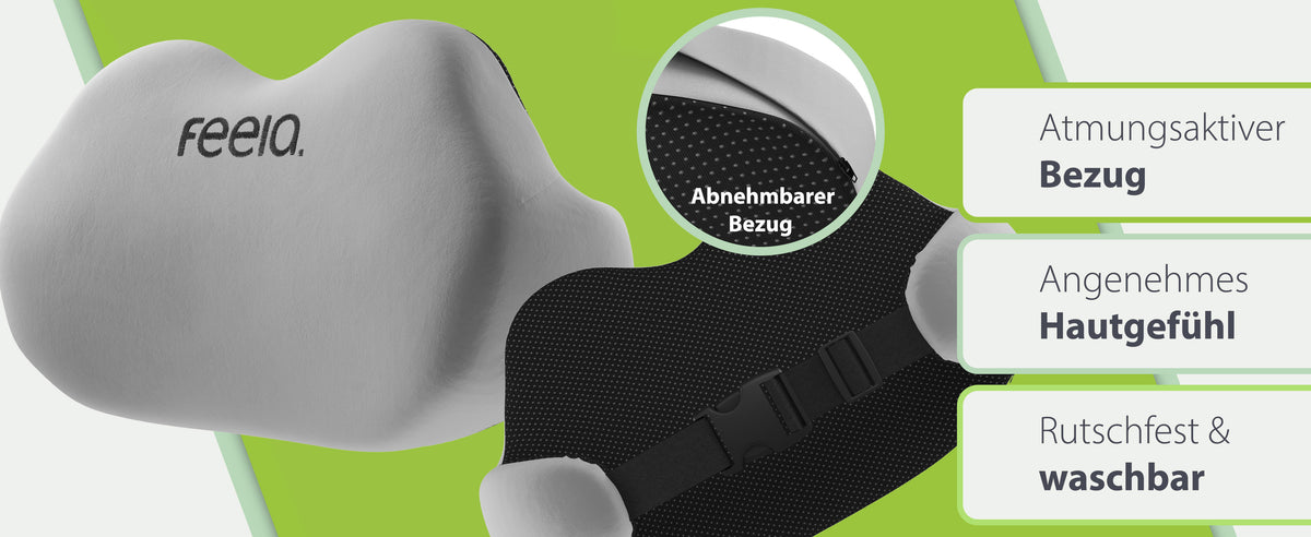 Silbernes feela Rückenkissen, Detailansicht des abnehmbaren Bezugs, auf grünem Hintergrund mit Text zur Atmungsaktivität des Bezugs und den Vorteilen wie angenehmes Hautgefühl und Waschbarkeit.