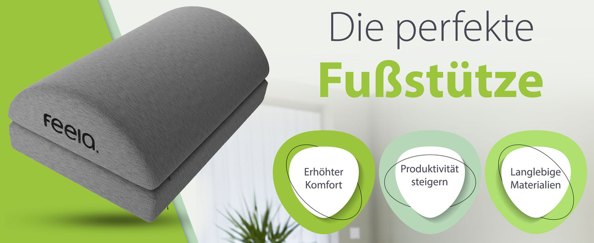 Dieses breite Banner präsentiert die 'perfekte Fußstütze' von feela in dunkelgrau, hervorgehoben durch grafische Symbole, die den erhöhten Komfort, die Produktivitätssteigerung und die Nutzung langlebiger Materialien betonen. Ideal für eine stilvolle und funktionale Bürogestaltung.