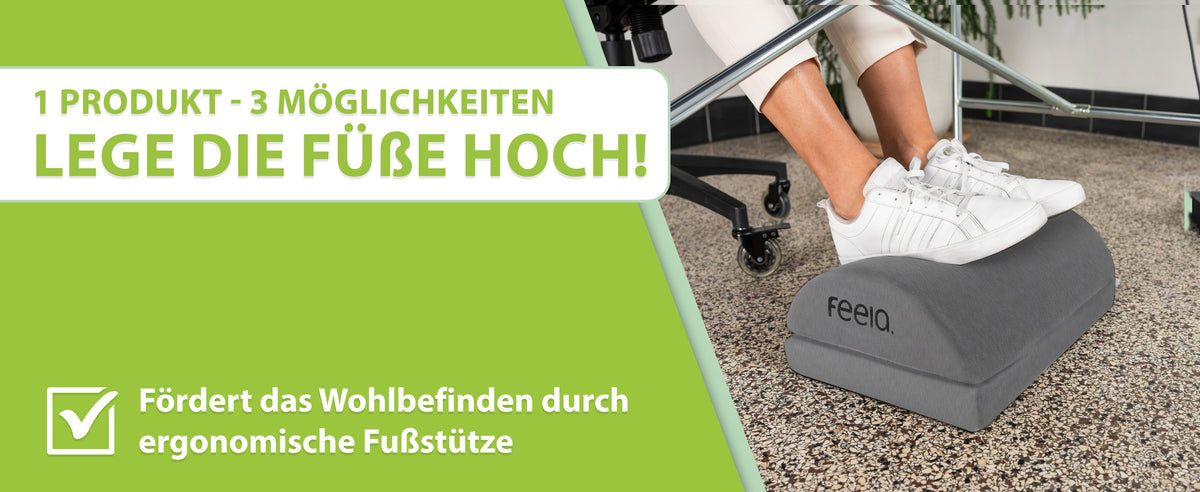 Füße hochlegen unter dem Schreibtisch – ergonomische feela. Fußstütze in Dunkelgrau, 1 Produkt, 3 Möglichkeiten