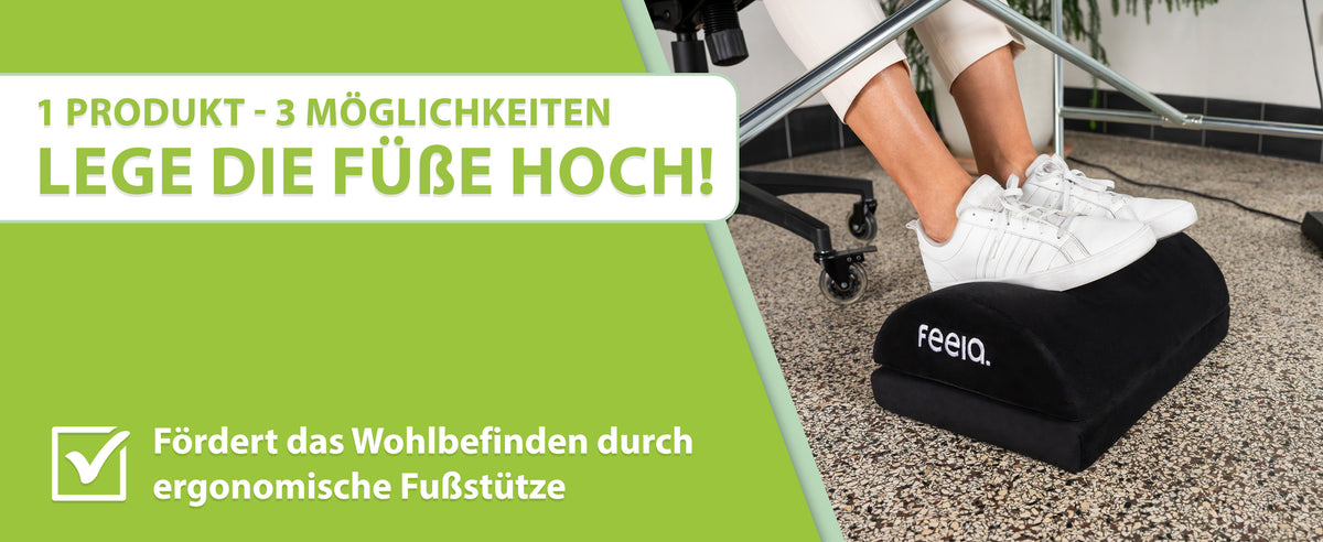 Diese Grafik zeigt die multifunktionale Nutzung der feela Fußstütze in einer Büroumgebung. Eine junge Frau in Business-Kleidung entspannt ihre Füße auf der stilvollen schwarzen Fußstütze, welche das Wohlbefinden durch ihre ergonomische Form fördert.