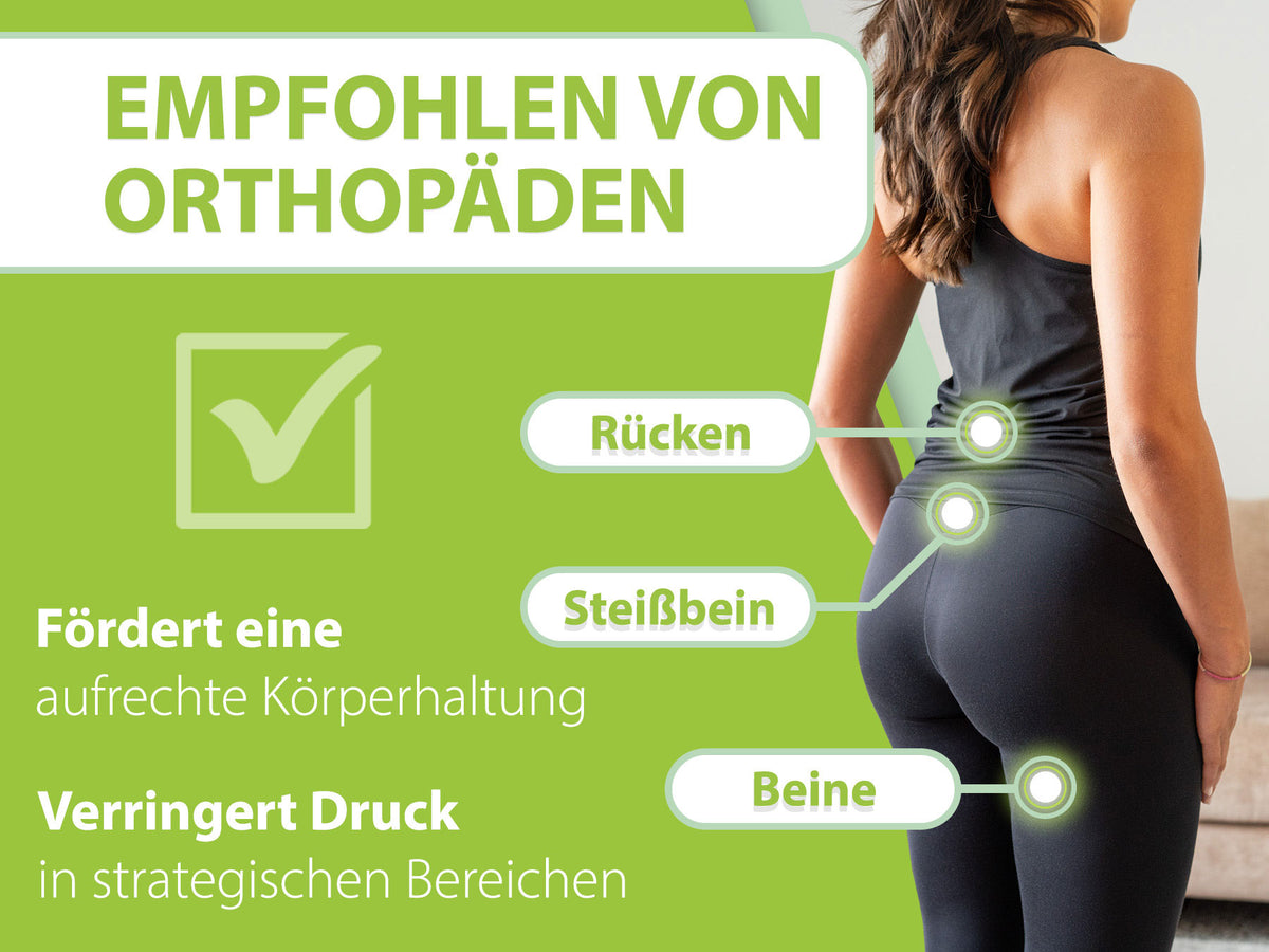 Werbebild zeigt eine junge Frau, die das orthopädische Sitzkissen von feela nutzt, empfohlen von Orthopäden zur Förderung einer aufrechten Körperhaltung und zur Druckminderung.