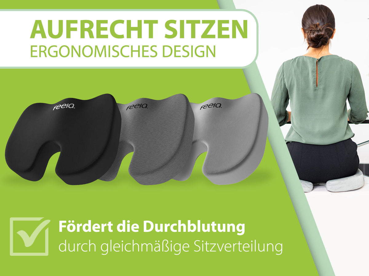 Ein ergonomisch geformtes orthopädisches Sitzkissen von feela, präsentiert mit den Vorteilen der Durchblutungsförderung und der gleichmäßigen Sitzverteilung.