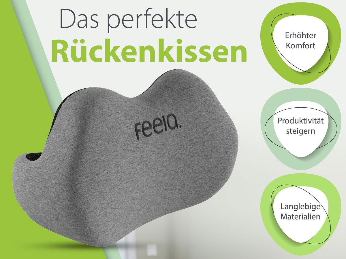 Ergonomisches Rückenkissen in Dunkelgrau von Feela. Erhöhter Komfort und Produktivität durch langlebige Materialien, ideal für Bürostühle.