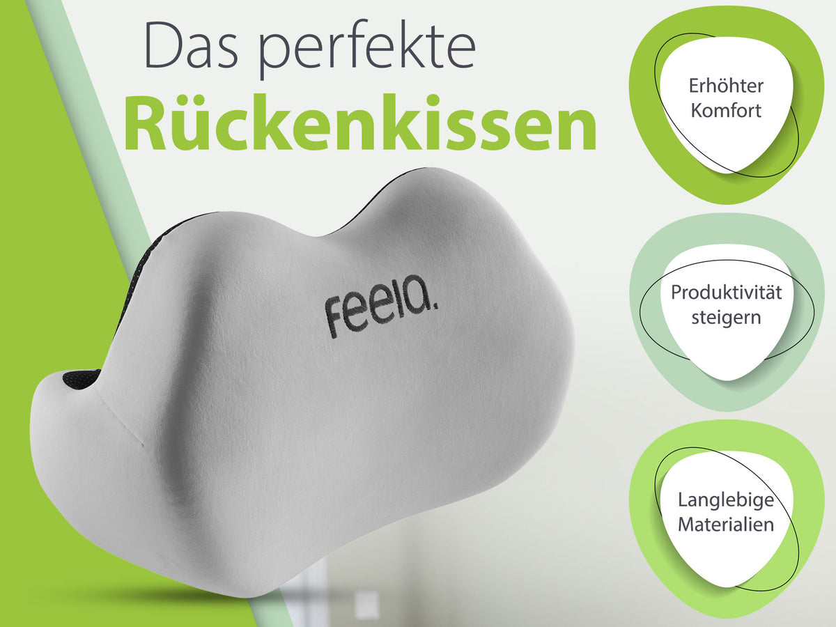 Ergonomisches Rückenkissen in Silber von Feela. Fördert eine aufrechte Sitzhaltung und bietet sofortigen Komfort durch wärmeresponsiven Memory Foam.