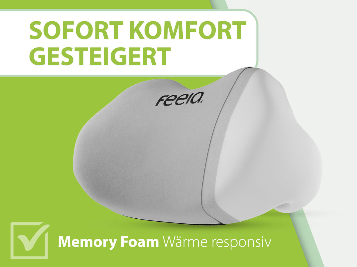 Silberfarbenes ergonomisches Rückenkissen von Feela mit Memory Foam für sofortigen Komfort. Wärmeresponsive Eigenschaften unterstützen eine gesunde Sitzhaltung.