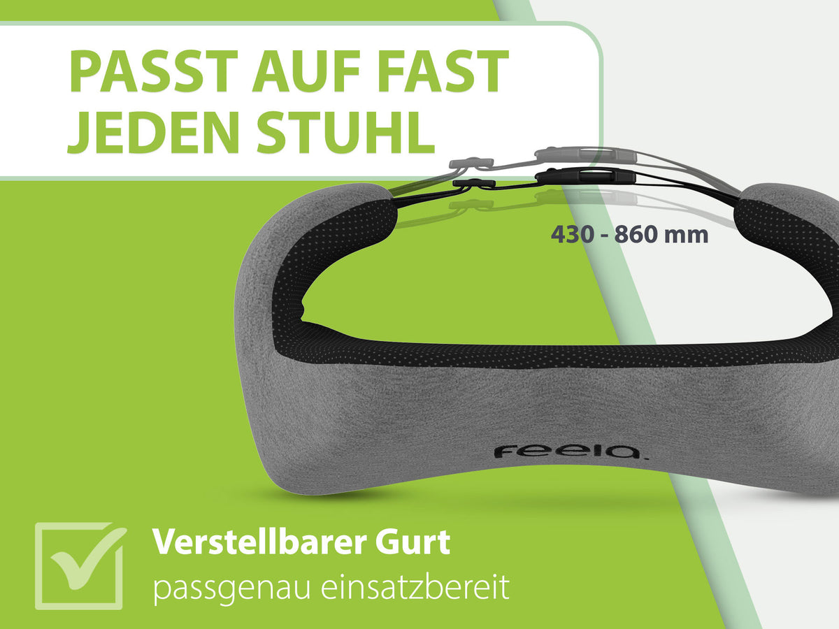 Ergonomisches Rückenkissen in Dunkelgrau von Feela mit verstellbarem Gurt. Passt auf fast jeden Stuhl mit einer Gurtlänge von 430 bis 860 mm, ideal für flexible Sitzanpassungen.
