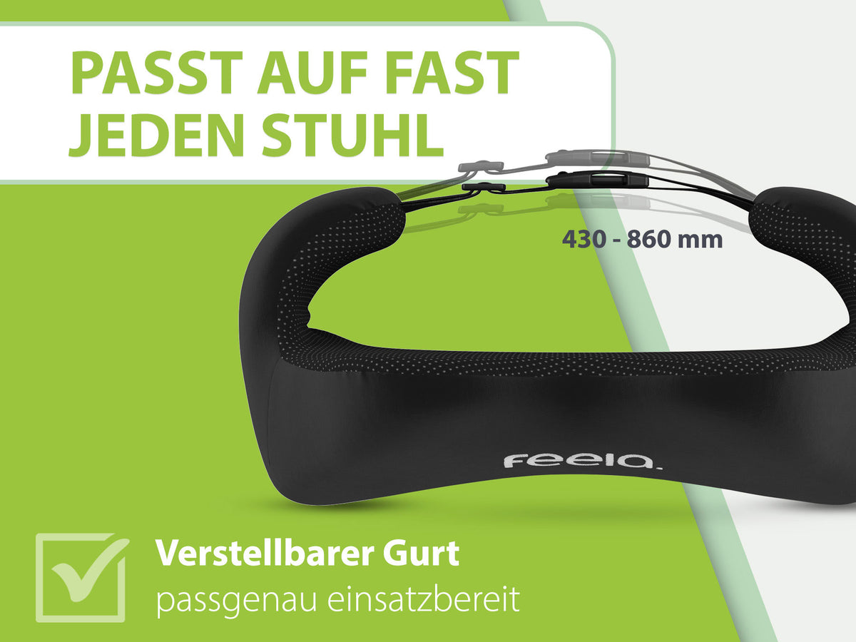 Schwarzes ergonomisches Rückenkissen von Feela, ausgestattet mit einem verstellbaren Gurt. Geeignet für eine Vielzahl von Stühlen mit einer Gurtlänge von 430 bis 860 mm.