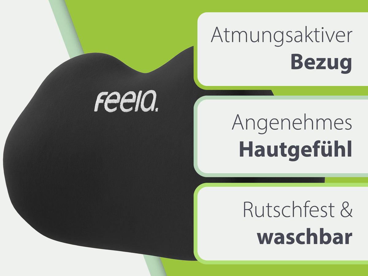 Schwarzes Rückenkissen von Feela mit Details zum atmungsaktiven Bezug, der ein angenehmes Hautgefühl bietet und rutschfest sowie waschbar ist.