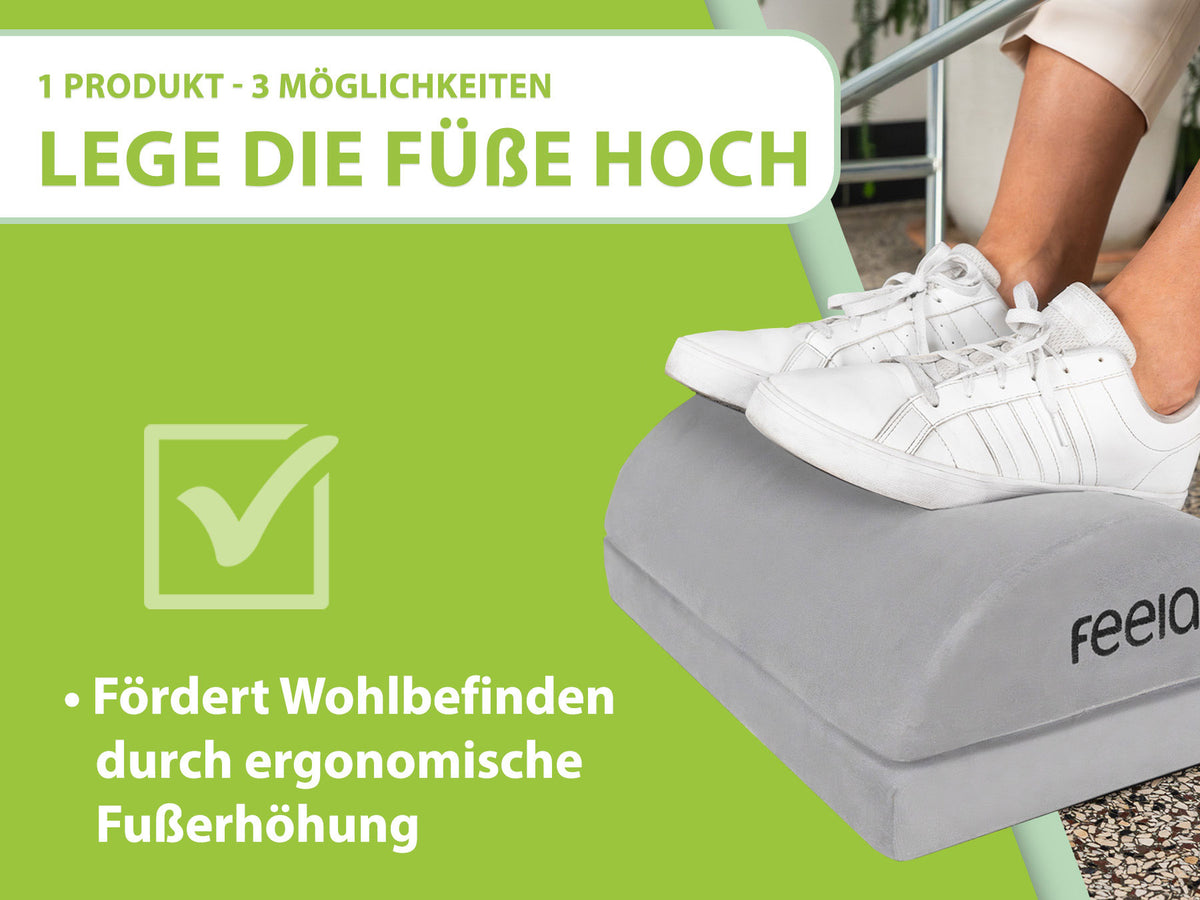 Silberne ergonomische Fußstütze von feela, hervorgehoben als förderlich für Wohlbefinden und ergonomisches Sitzen