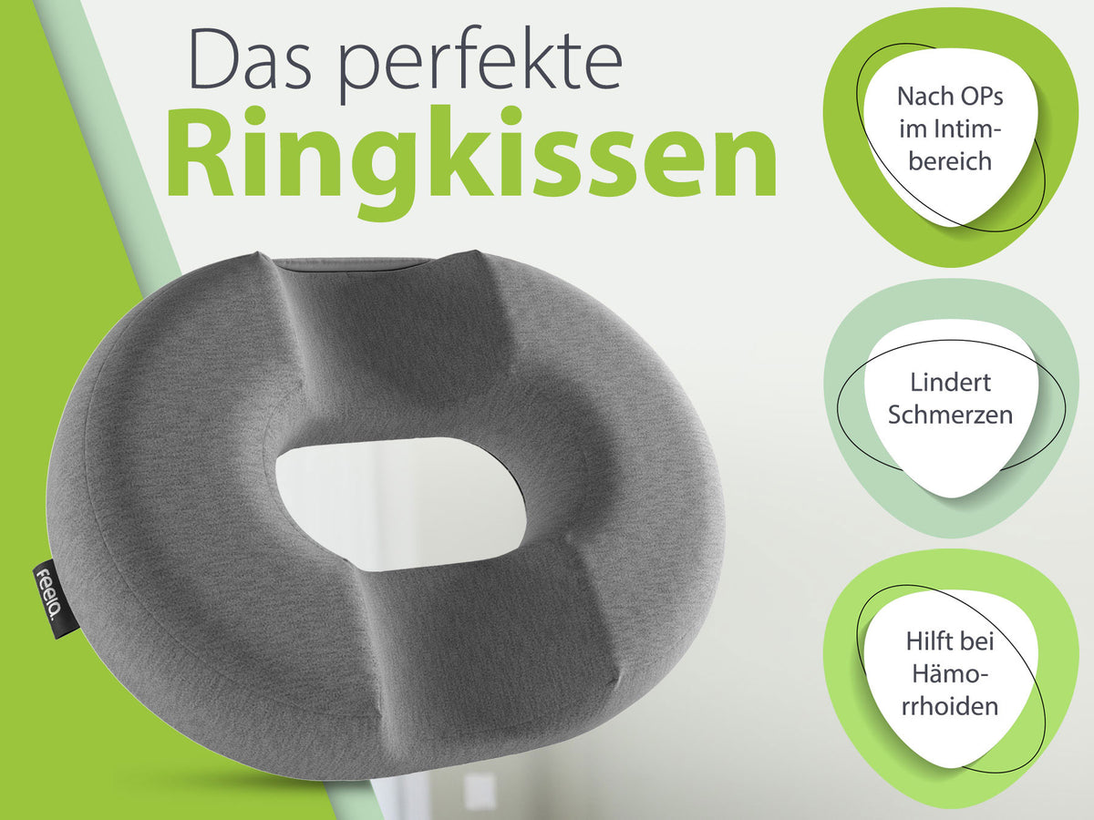 Orthopädischer Stützring in Dunkelgrau, speziell entwickelt zur Linderung von Schmerzen und zur Unterstützung nach medizinischen Eingriffen im Intimbereich, mit Fokus auf Komfort und Qualität.
