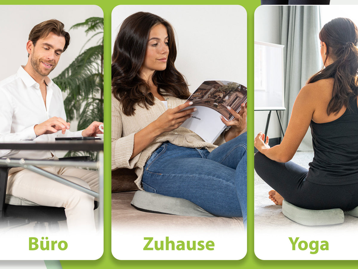 Bildreihe zeigt die vielseitige Anwendung des orthopädischen Stützrings im Büro, zuhause und während der Yoga-Praxis, betont die universelle Einsetzbarkeit und Unterstützung.