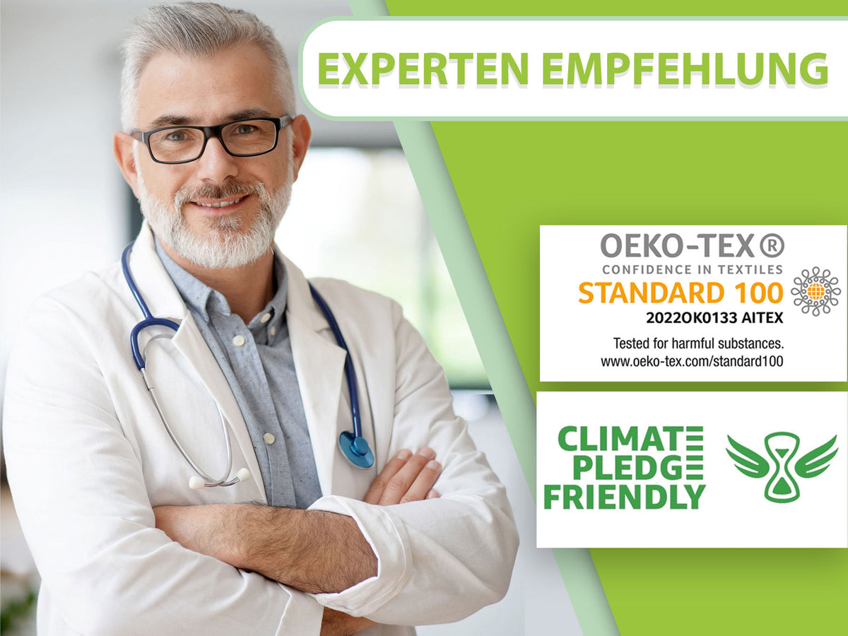 Bild eines lächelnden Arztes in weißem Kittel, der den orthopädischen Stützring empfiehlt, neben dem OEKO-TEX Standard 100 und dem Climate Pledge Friendly-Logo.