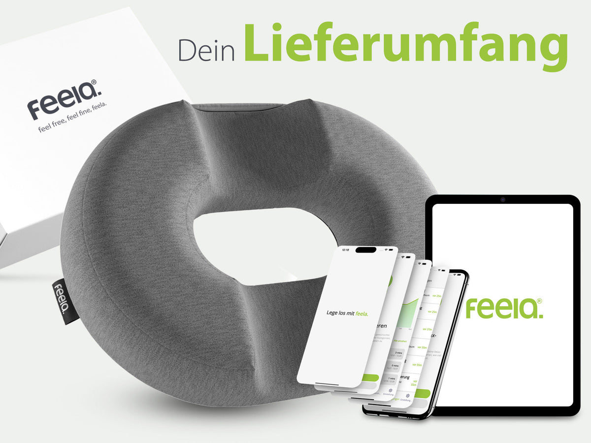 Darstellung des Lieferumfangs für den orthopädischen Stützring in Dunkelgrau: enthält einen Stützring, eine Produktbox und digitale Anwendungen auf Smartphone und Tablet, illustriert die Vorteile der Feelia-App.