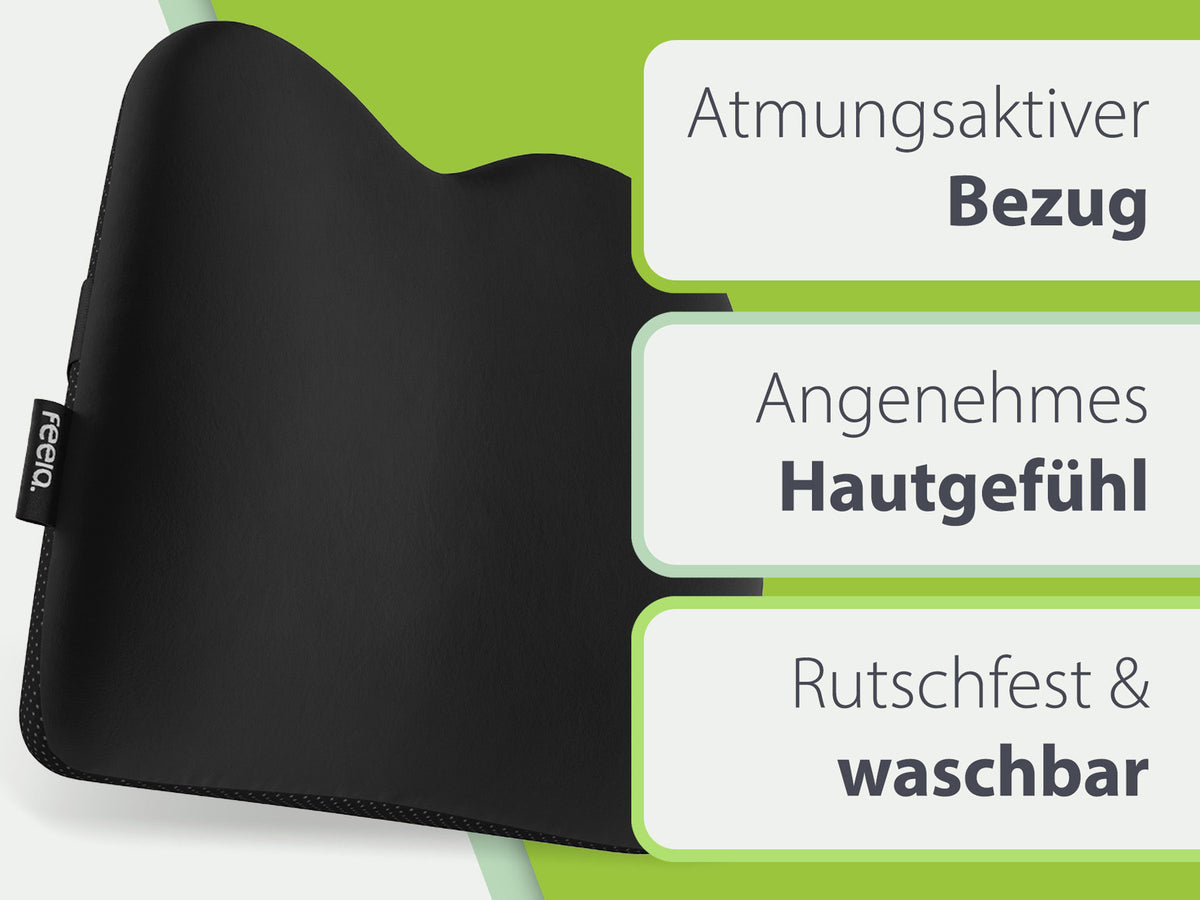 Ergonomisches Auto-Rückenkissen in Schwarz, bietet erhöhten Komfort und Steigerung der Produktivität durch langlebige Materialien. Speziell entworfen, um Rückenschmerzen vom Sitzen zu lindern, geeignet für alle Fahrzeugtypen.