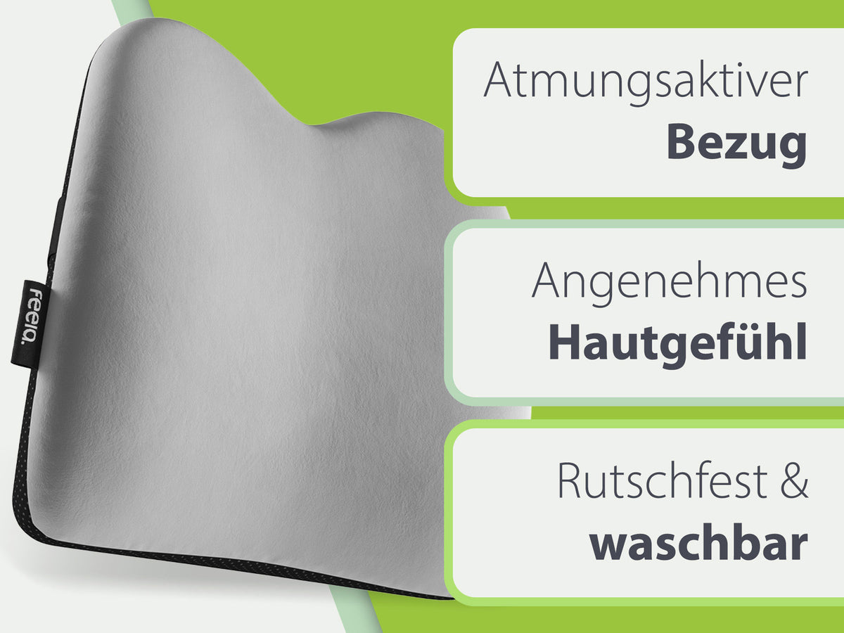 Ergonomisches Auto-Rückenkissen in Silber, fördert Komfort sofort durch wärmereaktiven Memory-Schaum. Ideal für entspannte Autofahrten, passt auf fast jeden Stuhl und ist durch den verstellbaren Gurt leicht anzubringen.