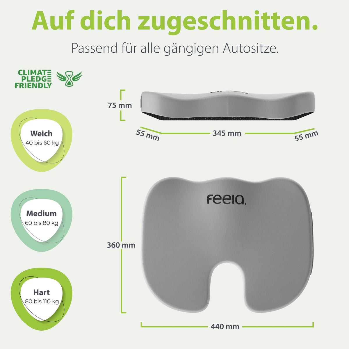 feela.® Orthopädisches Autositzkissen Silber – Vergleich der 3 Härtegrade (weich, mittel, fest)