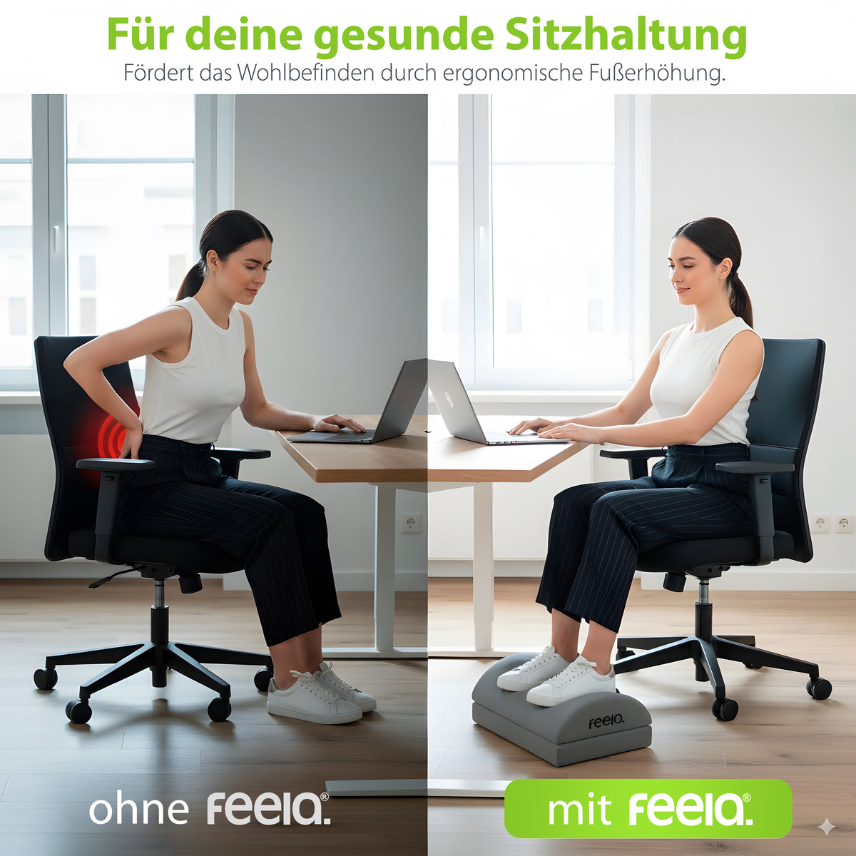feela. Fußstütze Dunkelgrau Vorher-Nachher: Ergonomische Fußerhöhung für gesunde Sitzhaltung & Rückenentlastung im Büro.