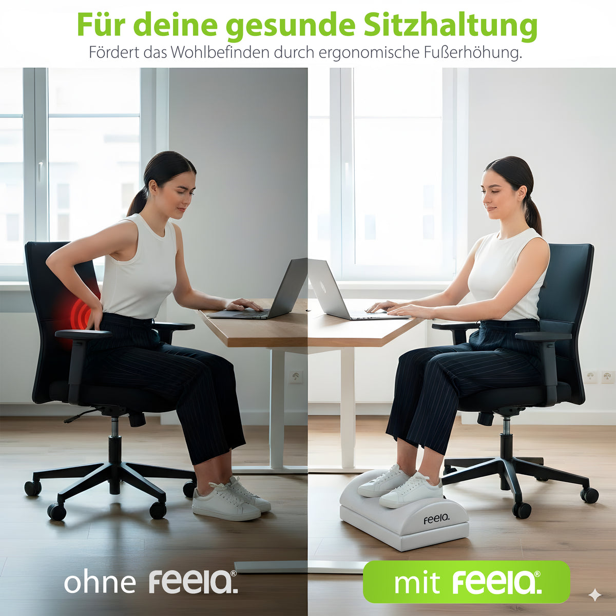 feela. Fußstütze Silber Vorher-Nachher: Ergonomische Fußerhöhung für gesunde Sitzhaltung & Rückenentlastung im Büro.