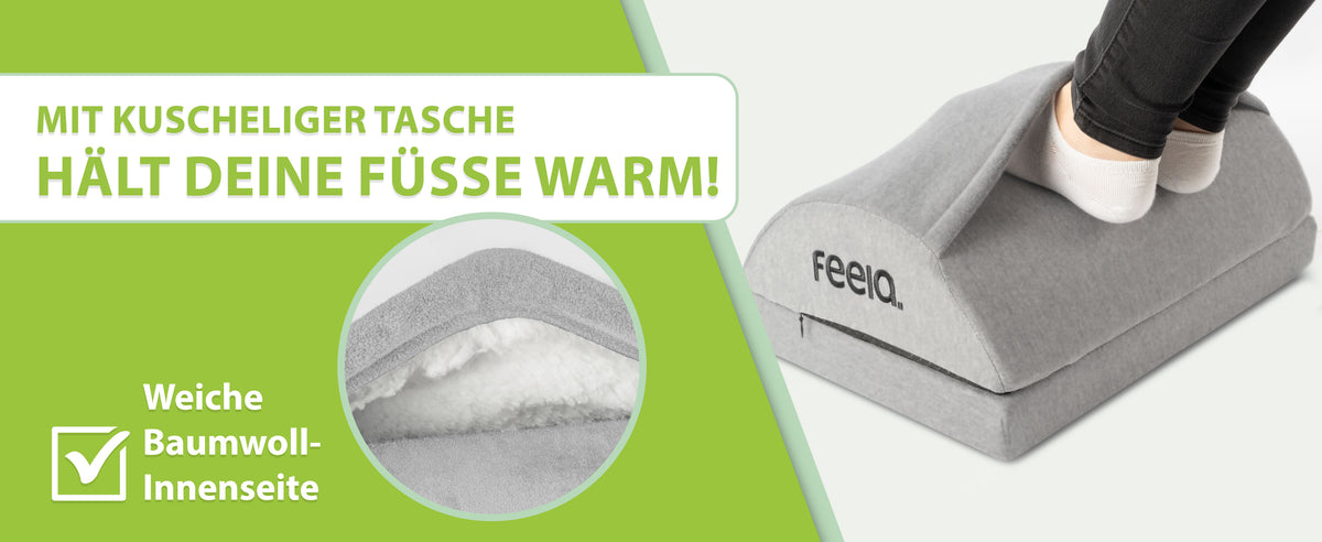 feela. Fußstütze mit Wärmetasche in Silber – kuschelige Tasche mit weicher Baumwoll-Innenseite hält die Füße warm