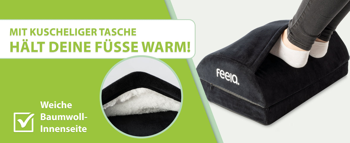 feela. Fußstütze mit Wärmetasche in Schwarz – kuschelige Tasche mit weicher Baumwoll-Innenseite hält die Füße warm