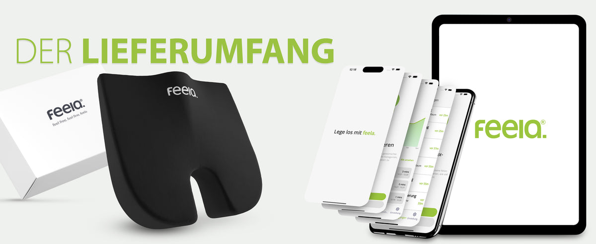 Die Darstellung des Lieferumfangs für das orthopädische Keilkissen von feela, einschließlich des Kissens selbst, der Verpackung und der mobilen App auf mehreren Displays, um die volle Palette der Kundenunterstützung zu veranschaulichen.