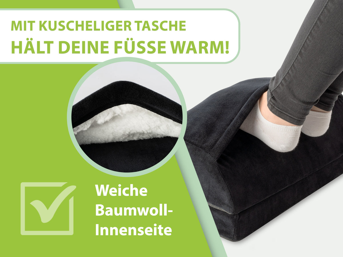 feela. Fußstütze mit Wärmetasche in Schwarz – kuschelige Tasche mit weicher Baumwoll-Innenseite hält die Füße warm