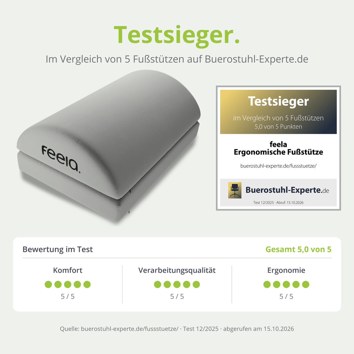 feela. Fußstütze Silber – Testsieger im Vergleich von 5 Fußstützen bei Buerostuhl-Experte.de (Test 12/2025, 5,0 von 5 Punkten)