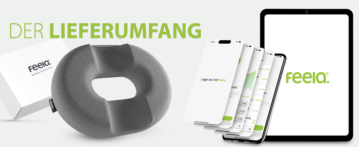 Der Lieferumfang für das orthopädische Ringkissen von feela wird gezeigt, inklusive des dunkelgrauen Ringkissens selbst, der Produktverpackung und der Darstellung der feela App auf verschiedenen mobilen Geräten.