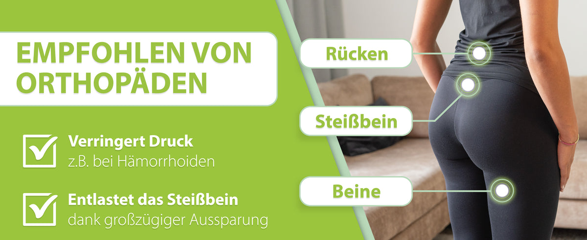Ein medizinisches Ringkissen, empfohlen von Orthopäden, das Druck verringert, beispielsweise bei Hämorrhoiden, und das Steißbein durch eine großzügige Aussparung entlastet, abgebildet mit visuellen Markierungen am Rücken, Steißbein und den Beinen einer Person.