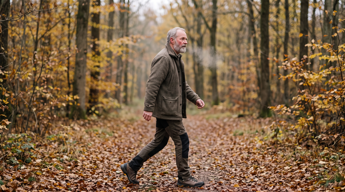 Älterer Mann geht zügig durch den Herbstwald