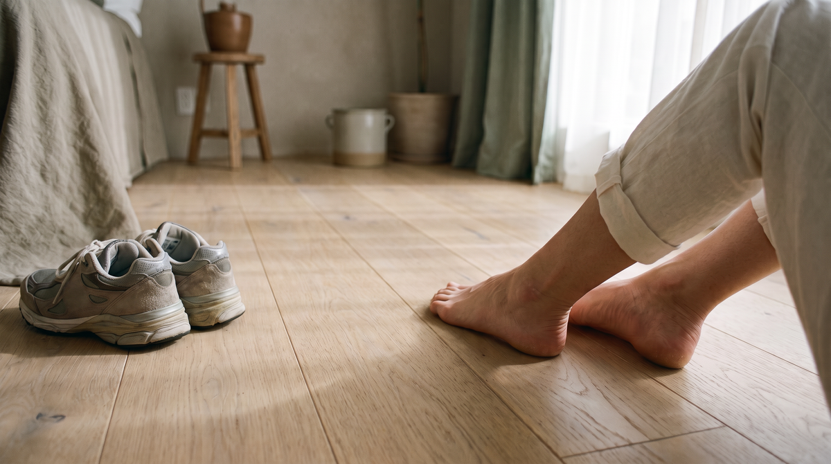 Nackte Füße auf Holzboden neben getragenen Laufschuhen