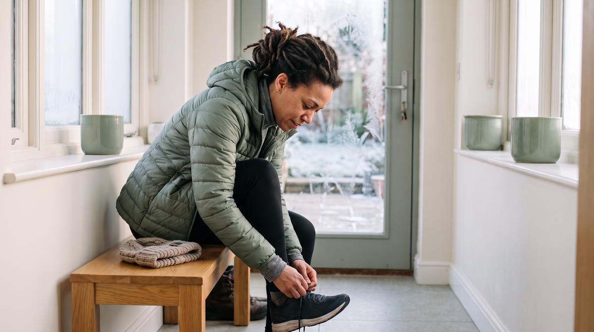 Frau bindet an einem Wintermorgen ihre Laufschuhe