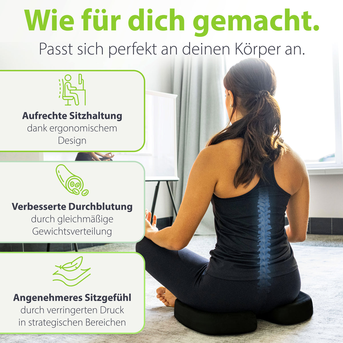 Orthopädisches Sitzkissen feela.® Schwarz – Seitenansicht Ergonomie-Form
